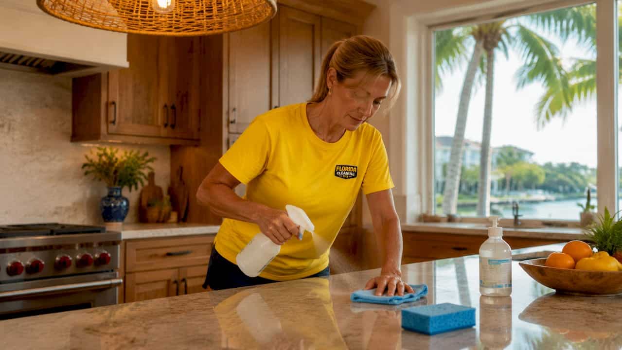Woman disinfecting kitchen counter at home