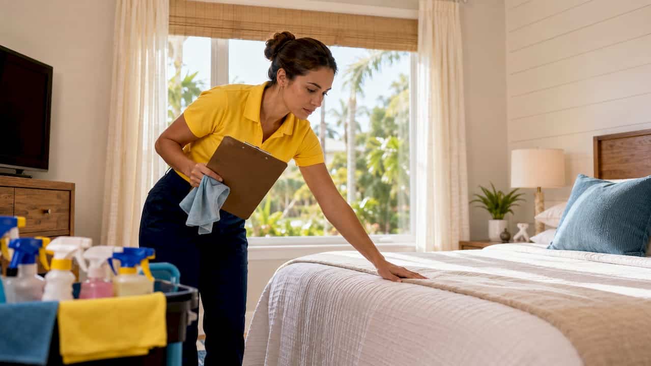Professional cleaner inspecting rental living room