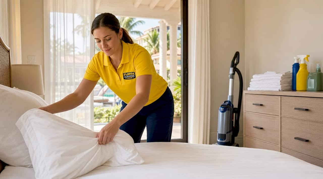 Cleaner making bed in vacation rental bedroom