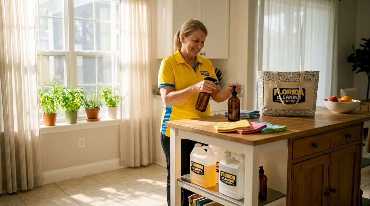 Host displaying eco-friendly cleaning products in rental