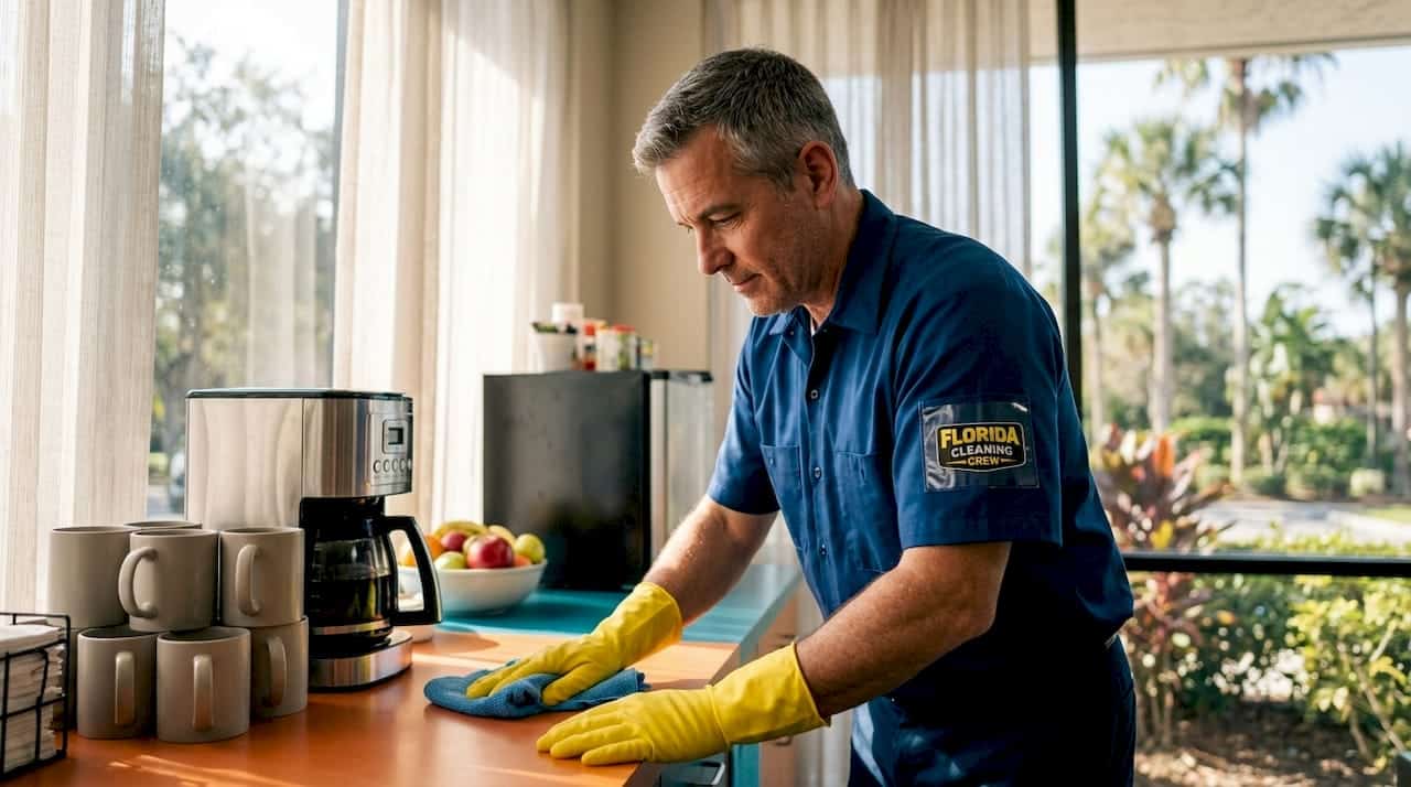 Janitor cleaning busy office restroom sink
