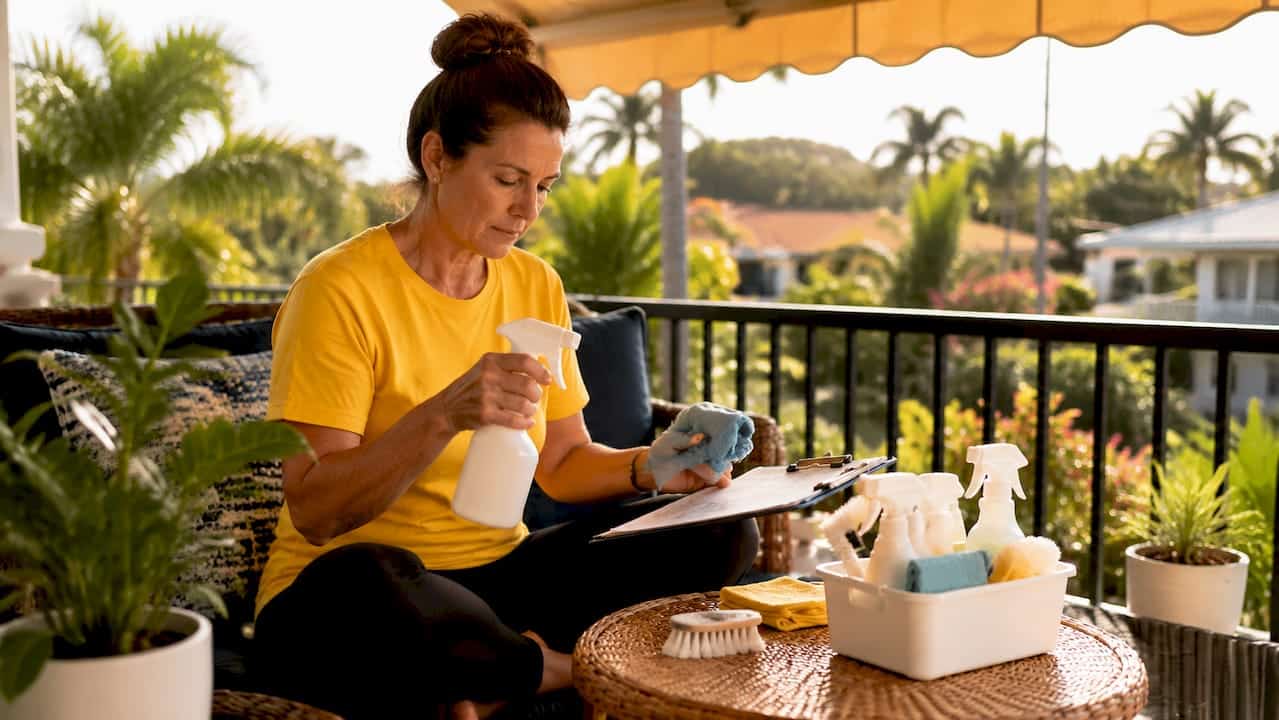 Woman preparing cleaning supplies in living room