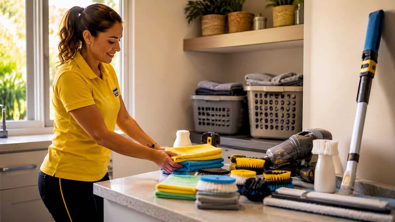 Essential home cleaning tools on kitchen counter
