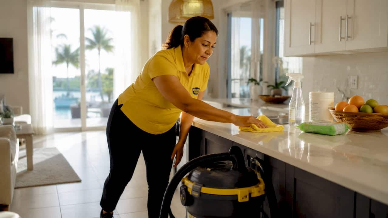 Woman cleaning baseboards in living room