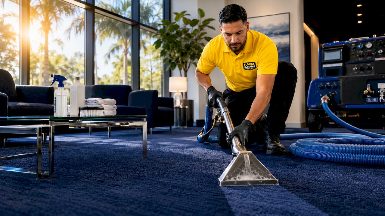 Technician cleaning commercial carpet with hot water extraction