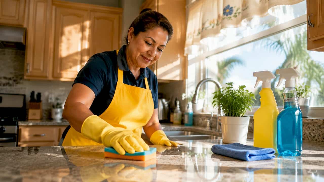 Woman cleaning kitchen countertop with sunlight
