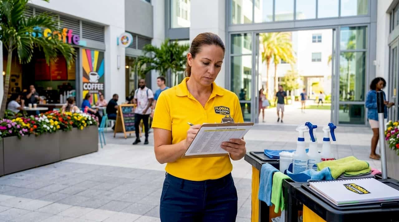 Supervisor reviewing cleaning schedule in mixed-use lobby