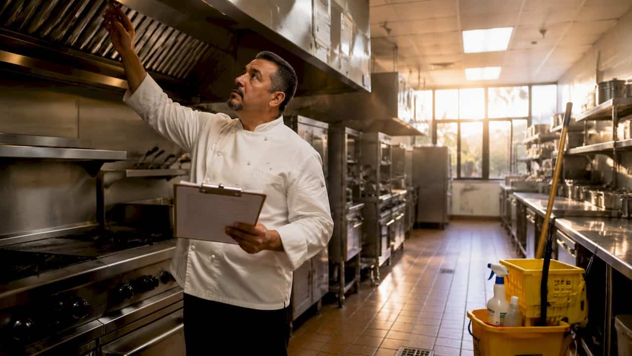 Kitchen manager inspecting commercial kitchen hood