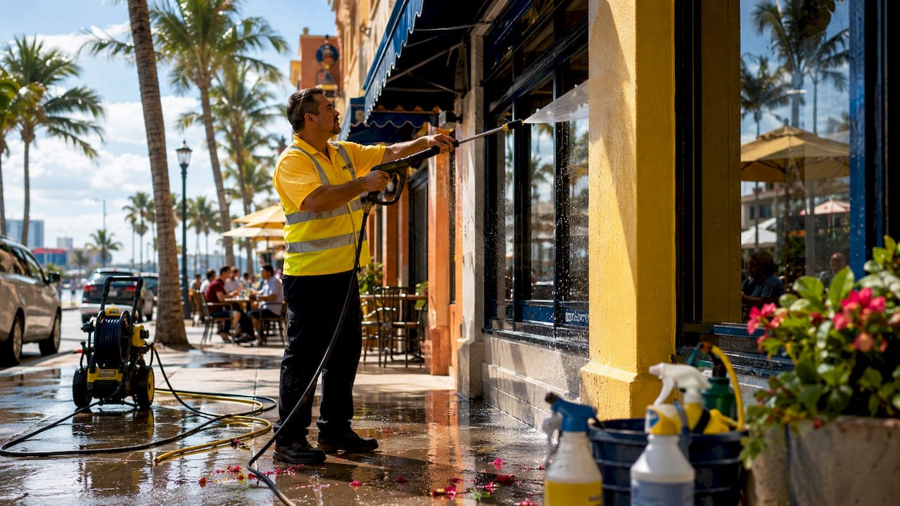 Technician pressure washing commercial storefront exterior