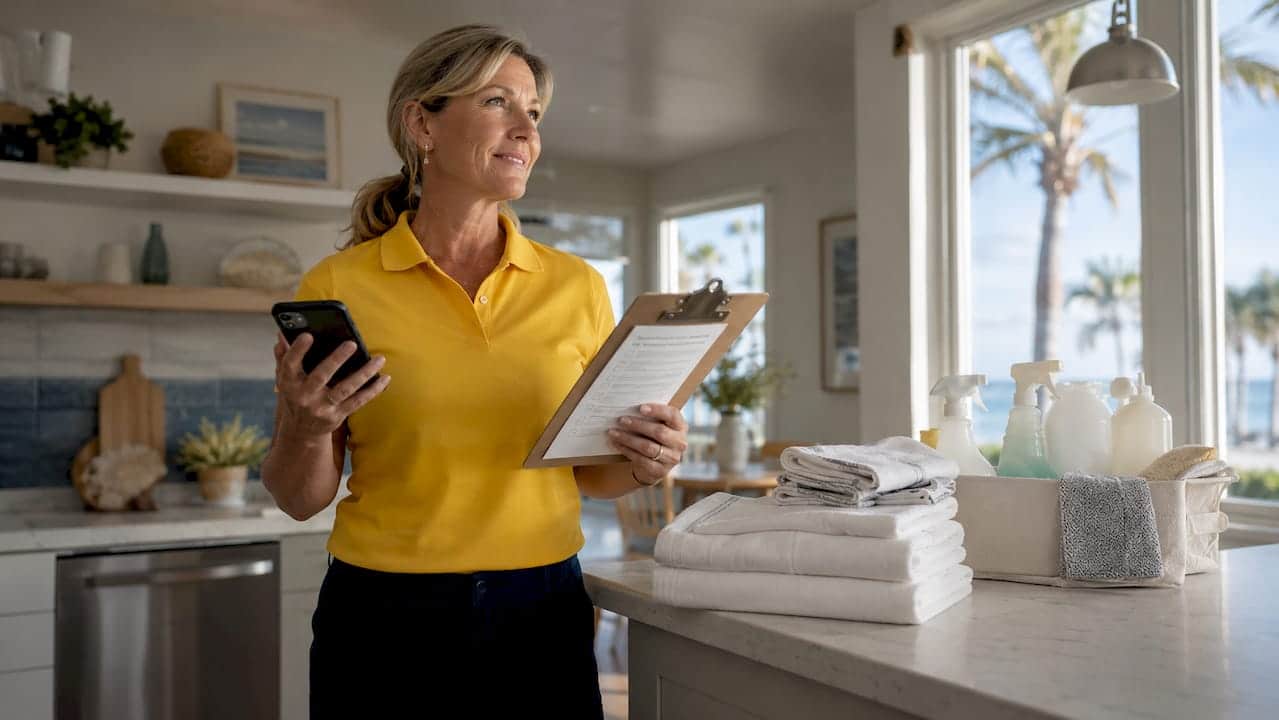 Airbnb host reviewing turnover checklist in rental