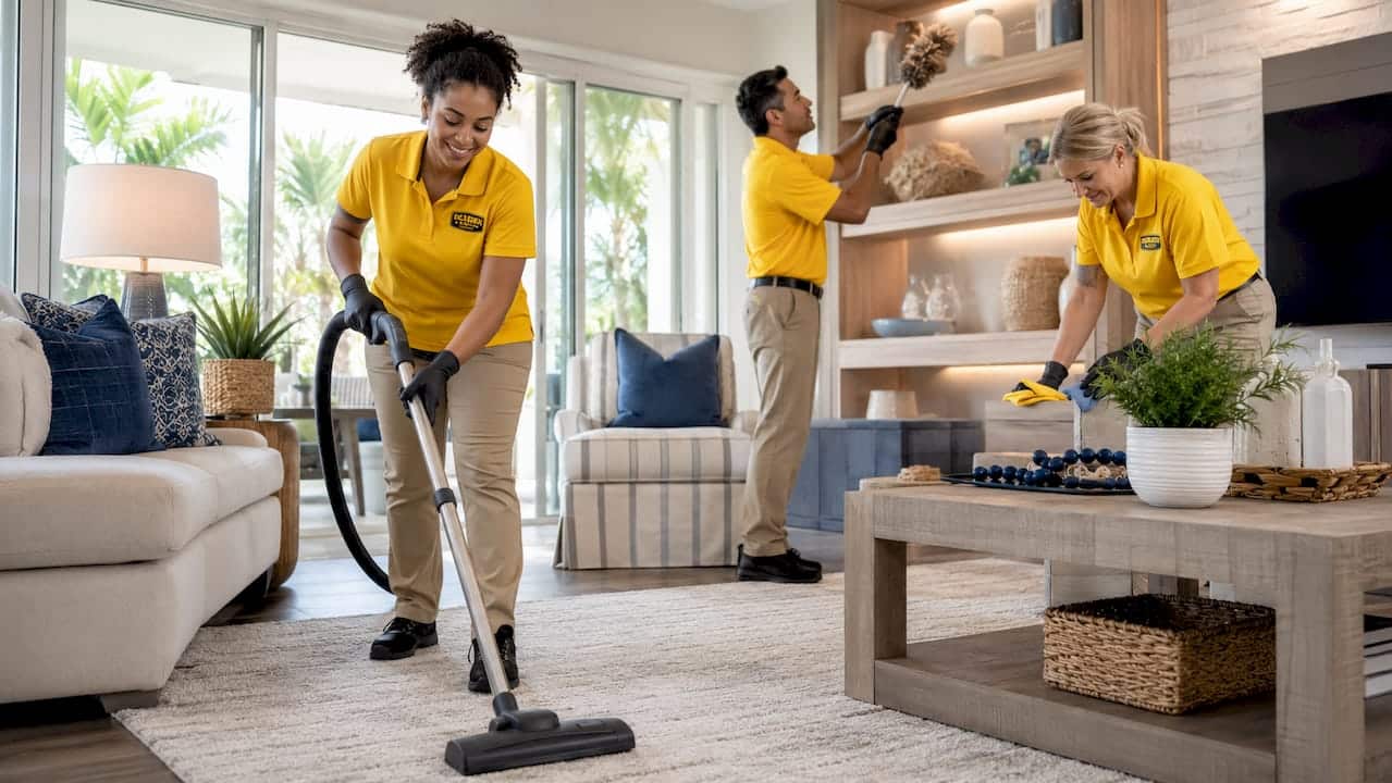 Professional cleaning team maintaining Florida model home