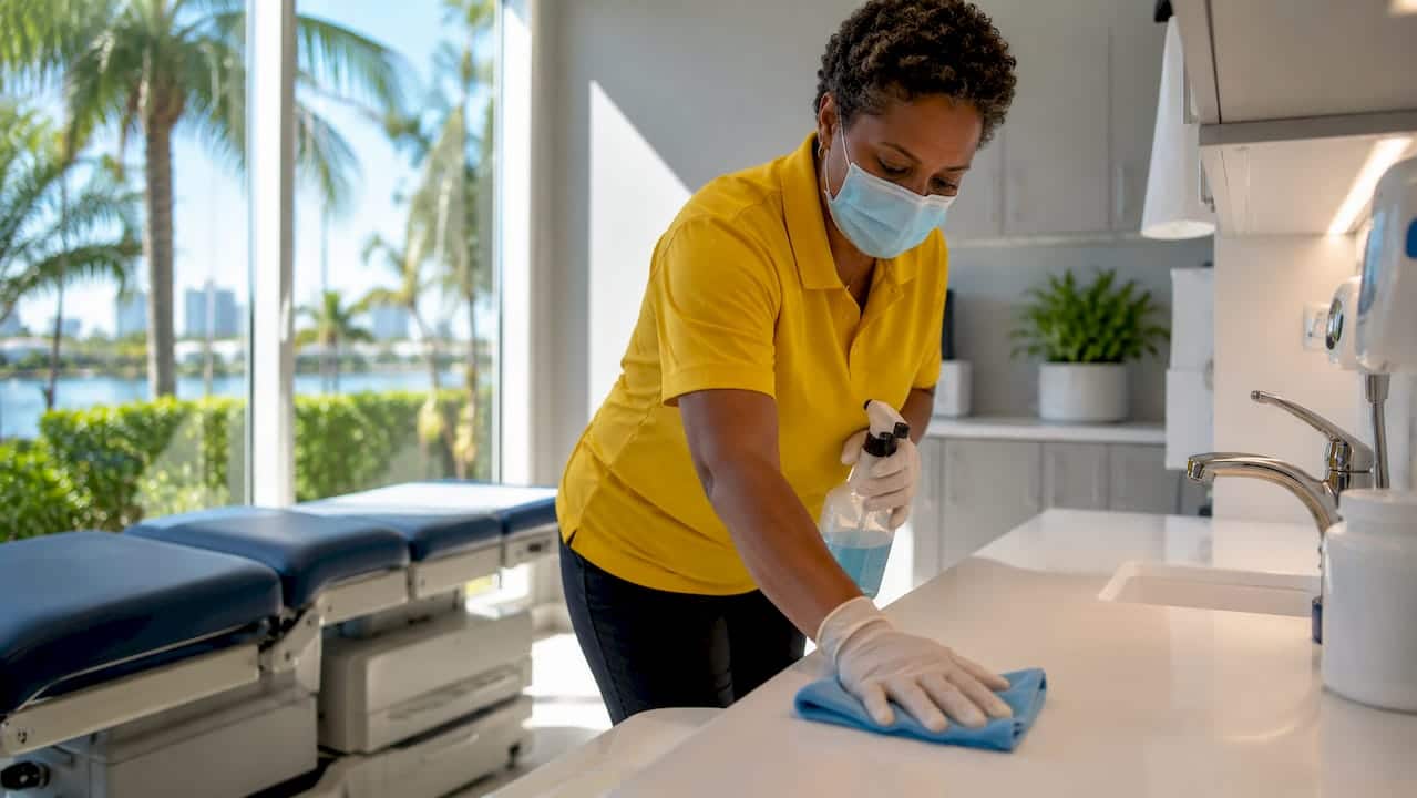 Medical office cleaning technician sanitizing exam room