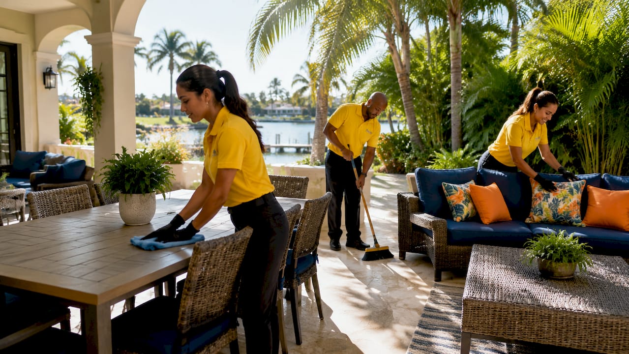 Professional cleaners preparing Florida rental living room