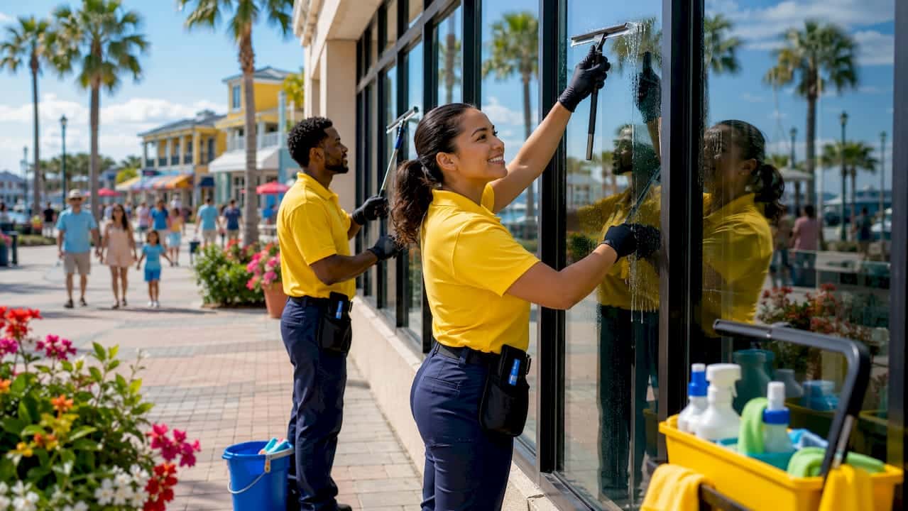 Cleaning crew washing commercial windows in Florida storefront