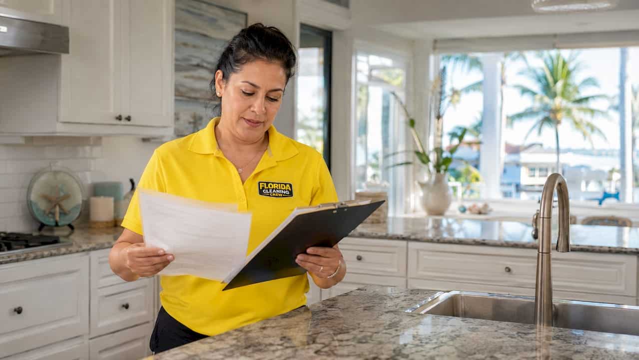 Cleaner reviewing certification documents outdoors