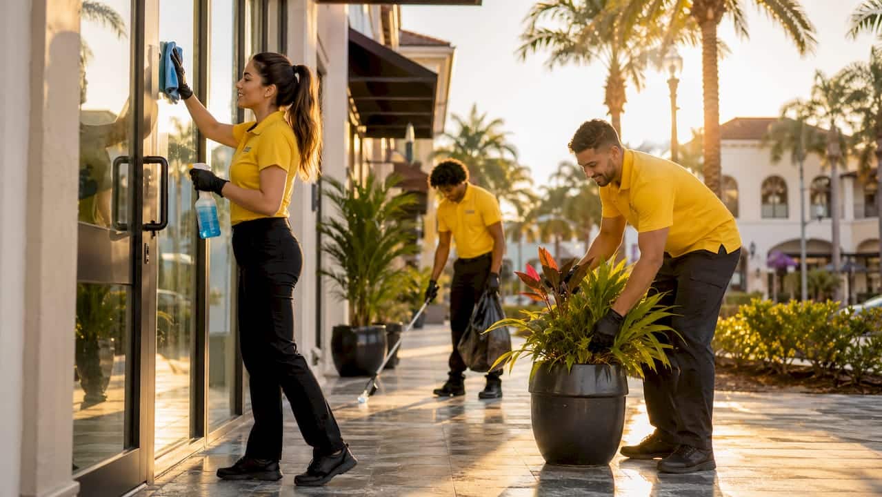Professional cleaning team working inside Florida retail store