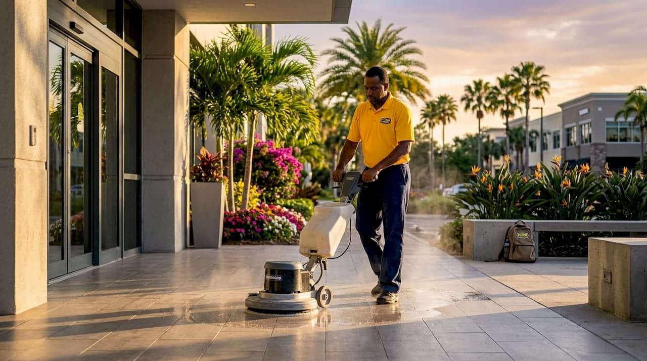 Cleaning professional pressure washing commercial building entrance outdoors