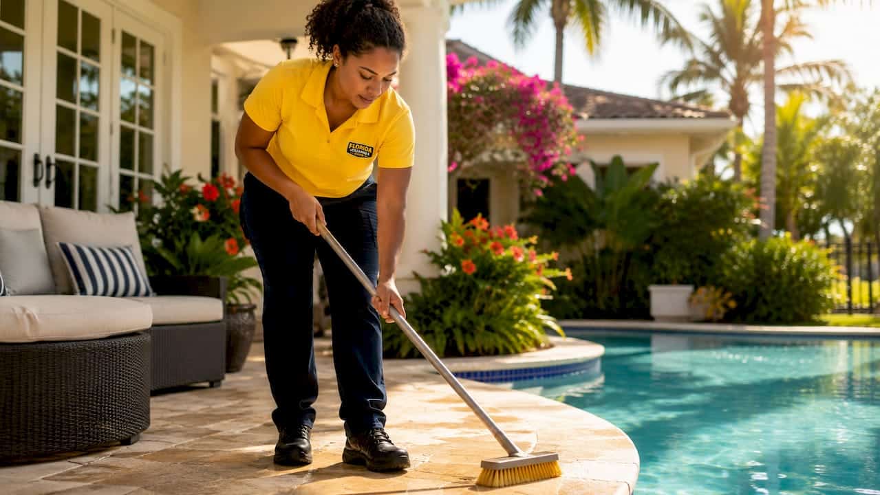 Professional cleaner skimming pool at Florida vacation home