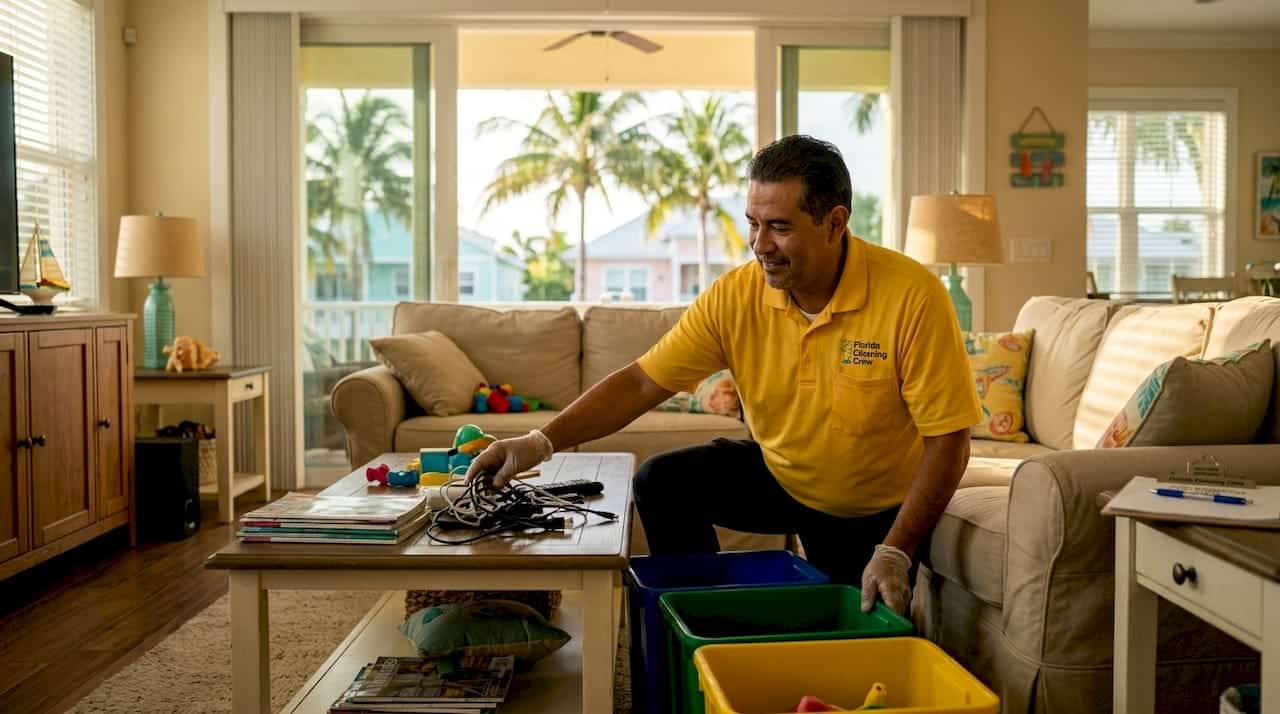 Professional cleaner decluttering Florida home entryway