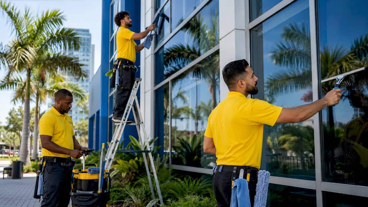 Window cleaning team cleaning office windows under palm trees