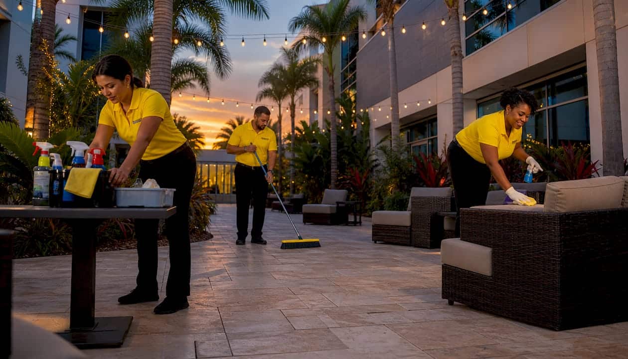 Professional cleaning crew performing office cleaning in Florida lobby