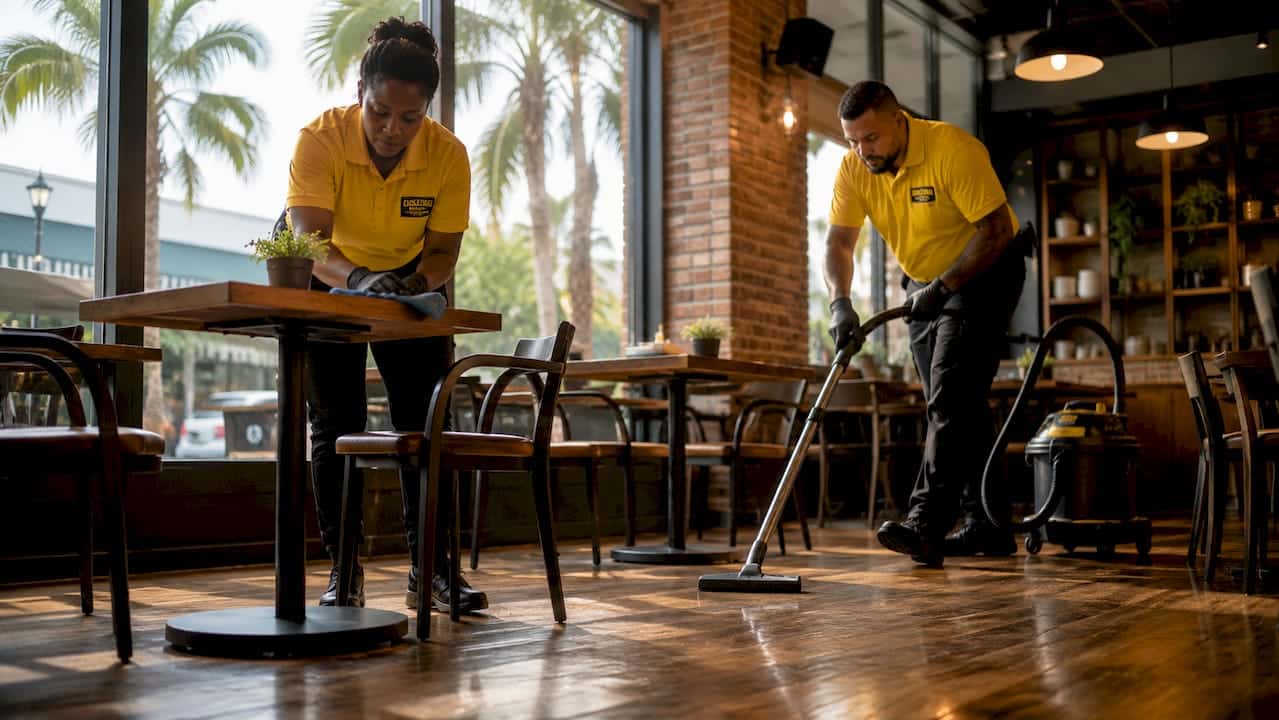 Cleaning staff in yellow shirts cleaning modern Florida office