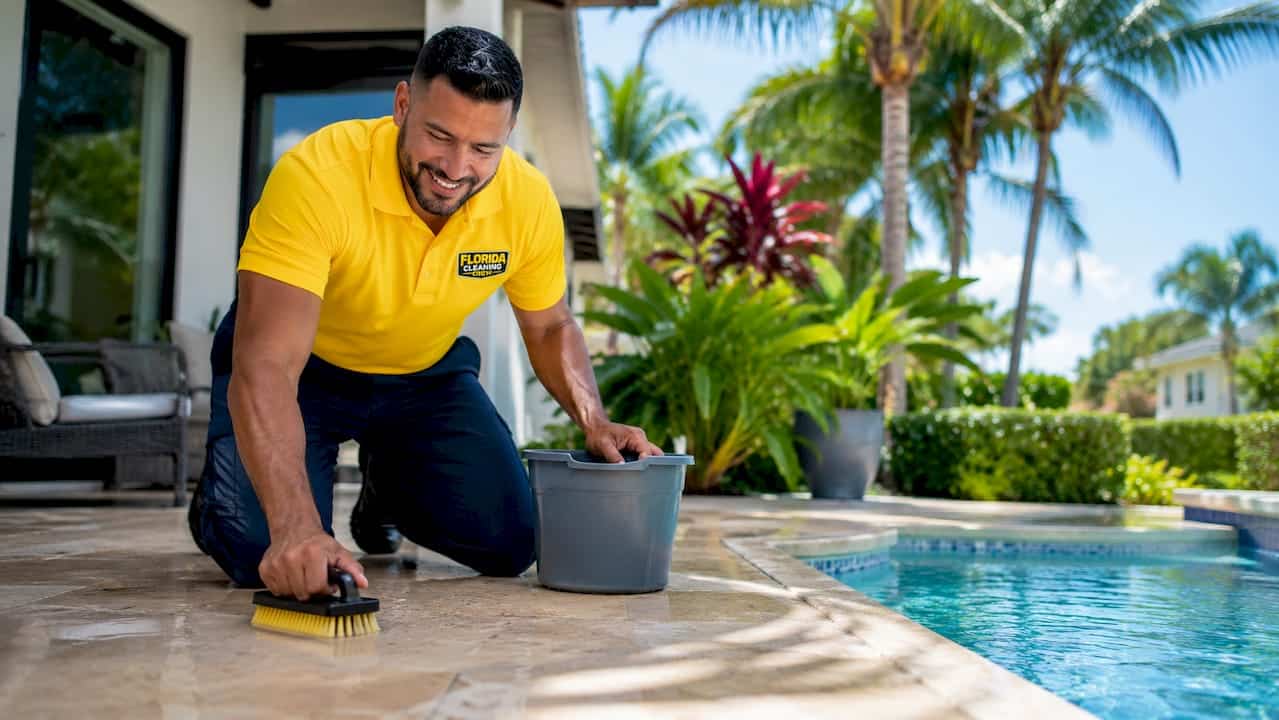 Cleaner wiping coastal porch railing in Florida