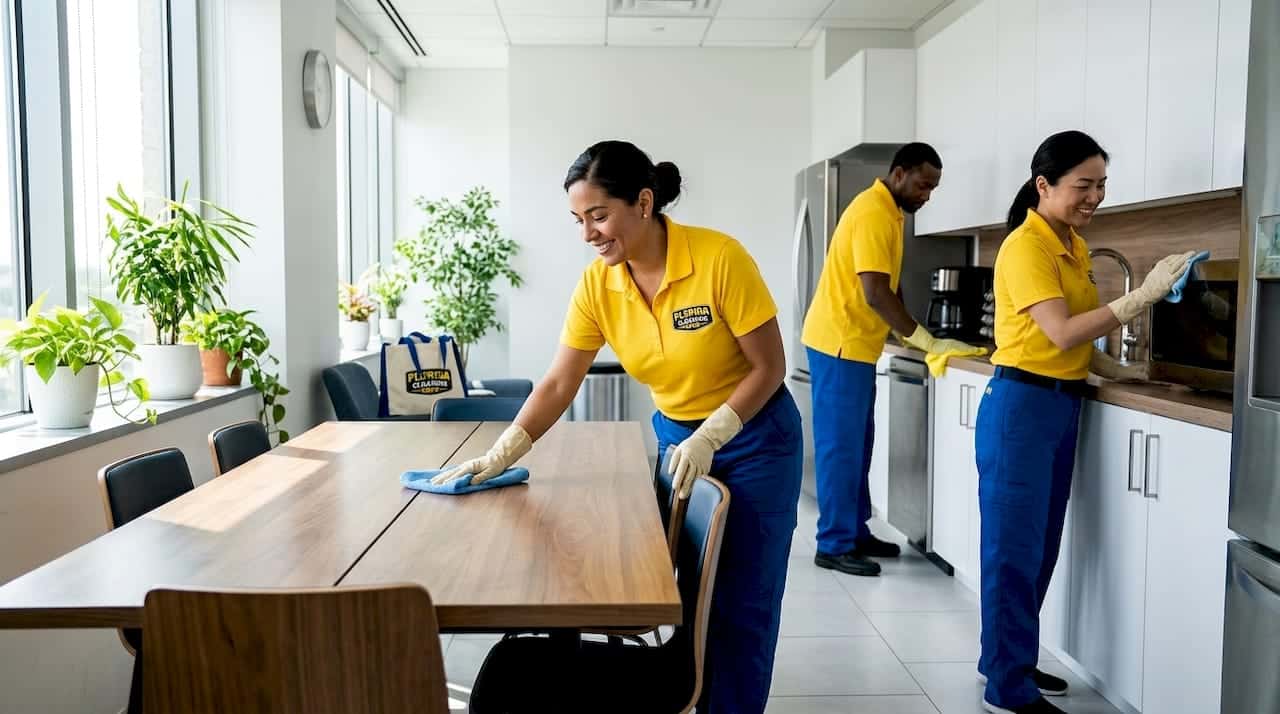 Team cleaning medical office lobby in Florida