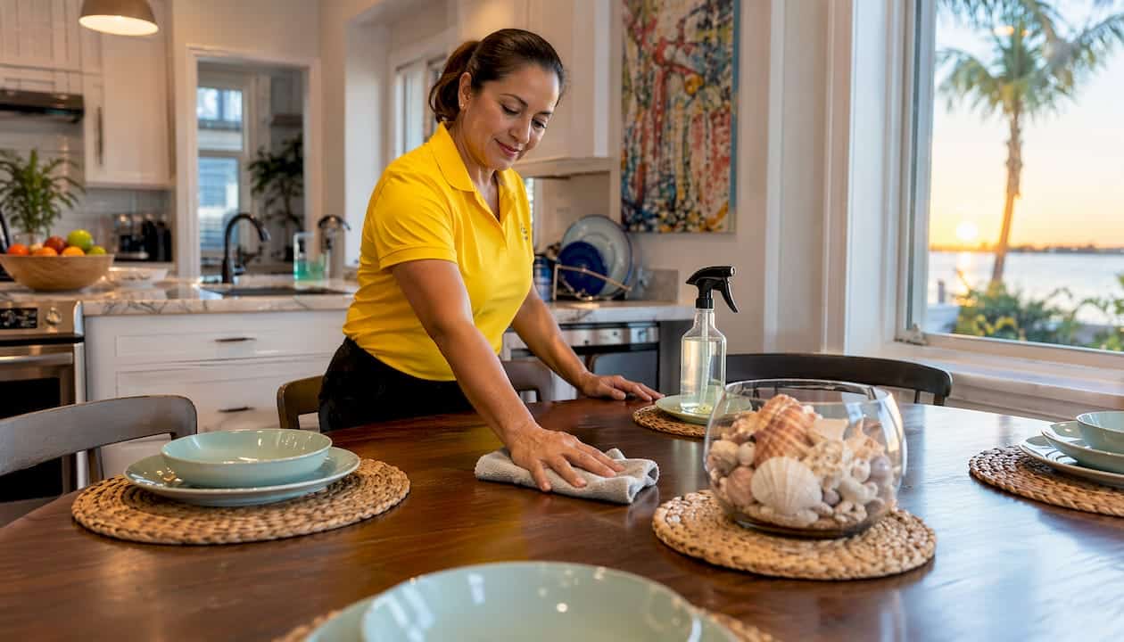 Cleaning staff wiping kitchen counter in Florida home