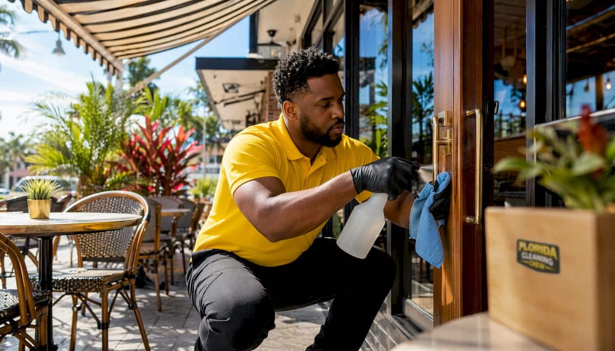Professional cleaner sanitizing Florida home door handle