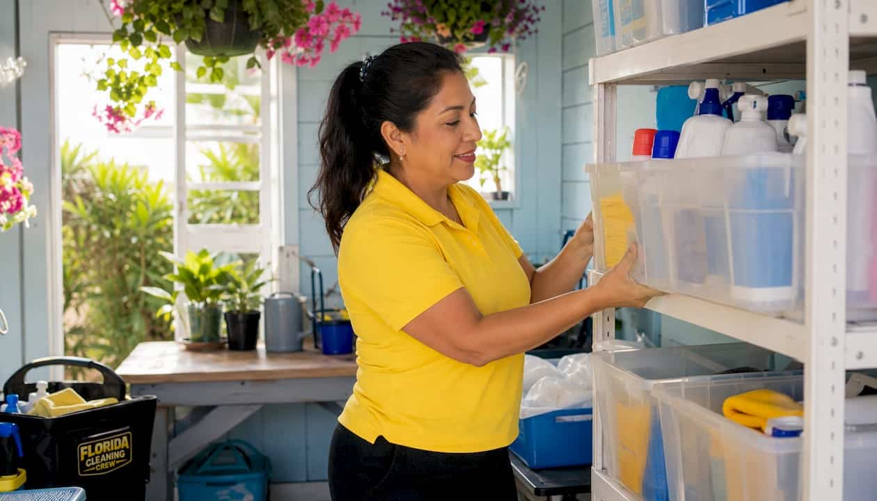 Professional cleaner organizing supplies indoors