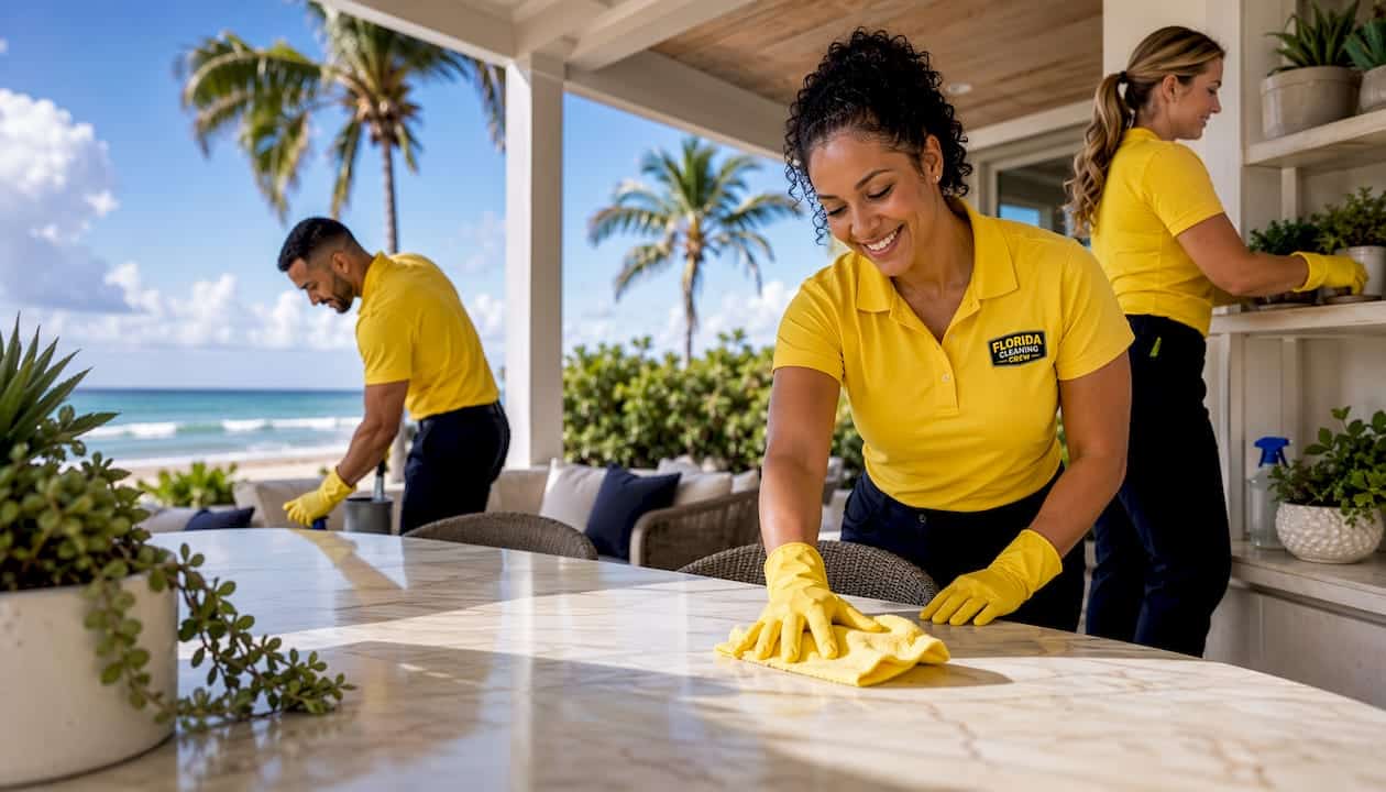 House cleaners working on tropical home's porch in Florida