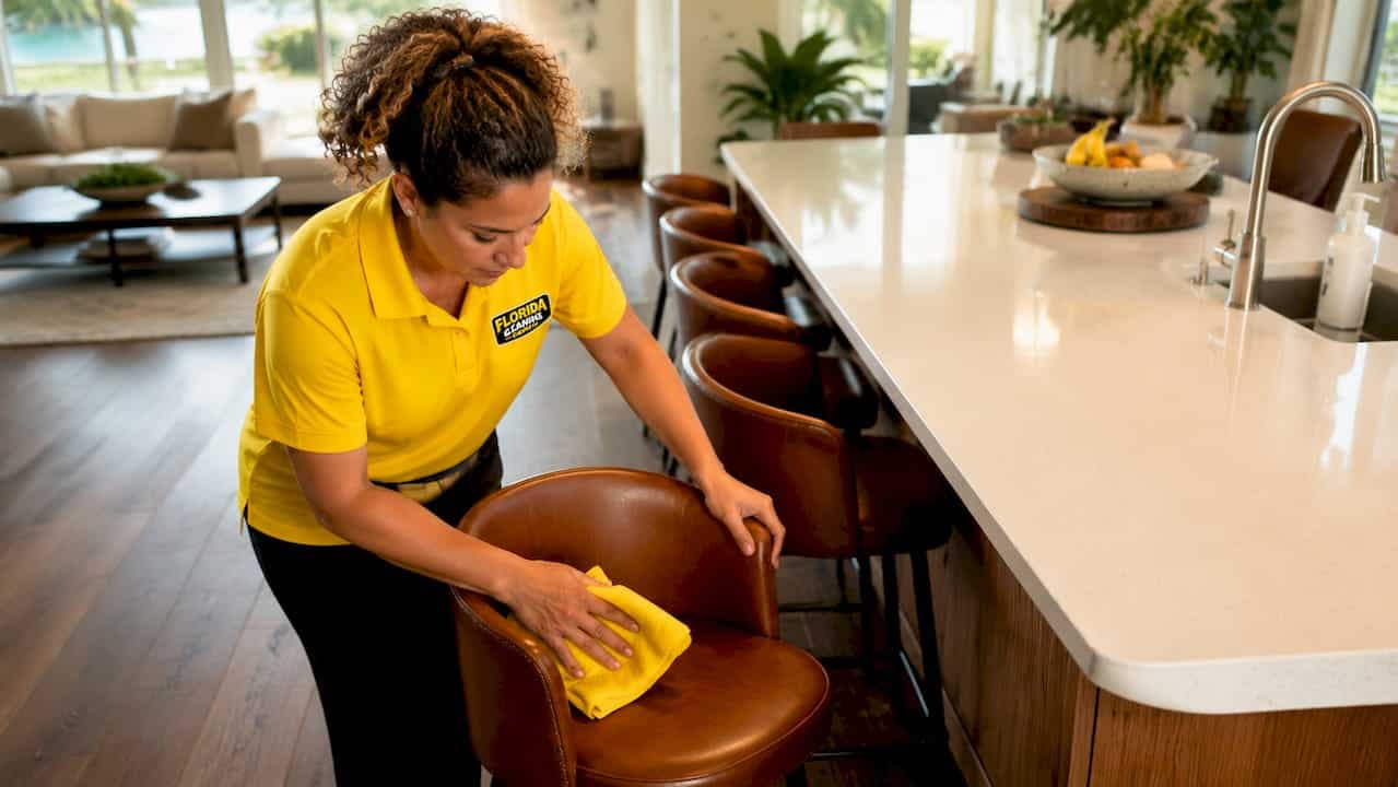 Professional cleaner dusting Florida home living room