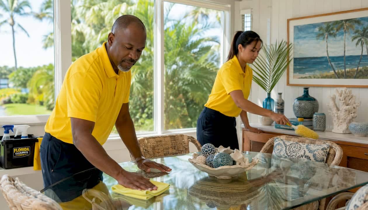 Two cleaners scrubbing kitchen counters in bright Florida home