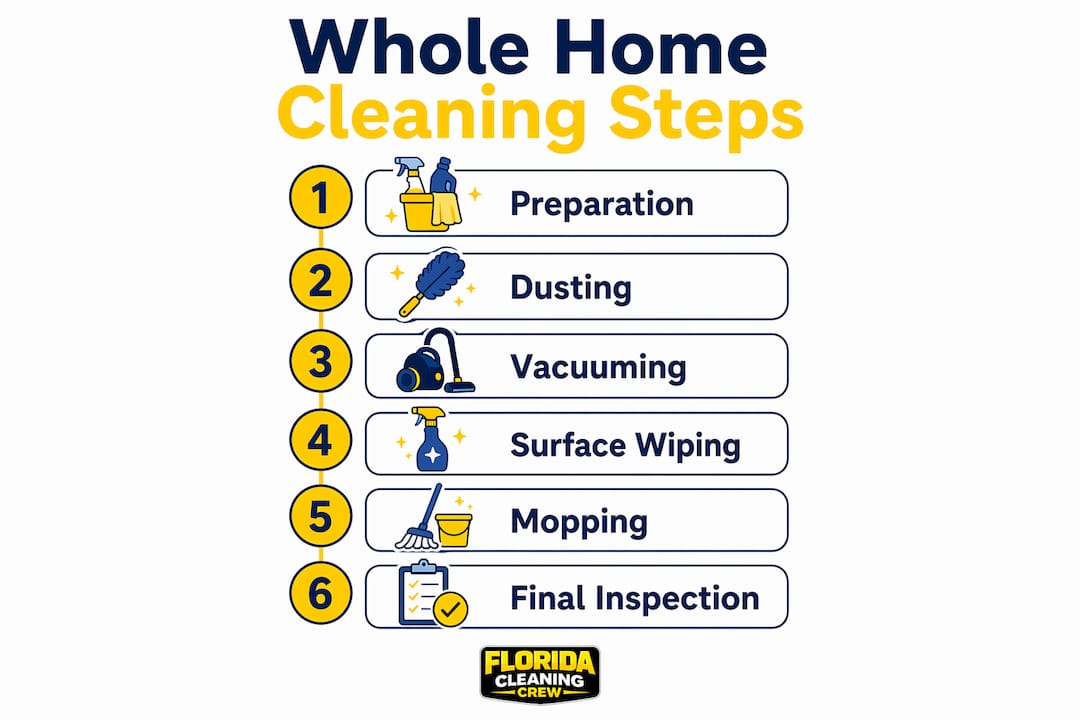 Infographic illustrating key steps of whole home cleaning process