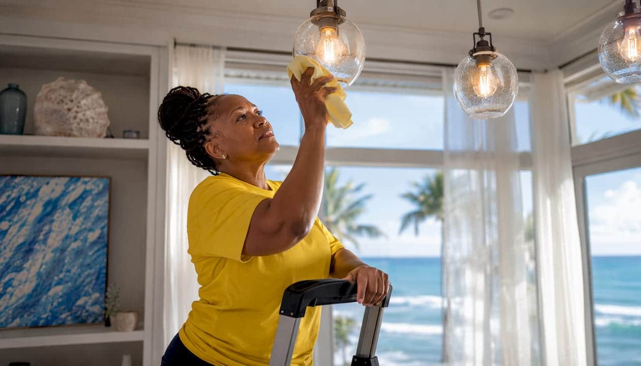 Female cleaner preparing home lighting indoors