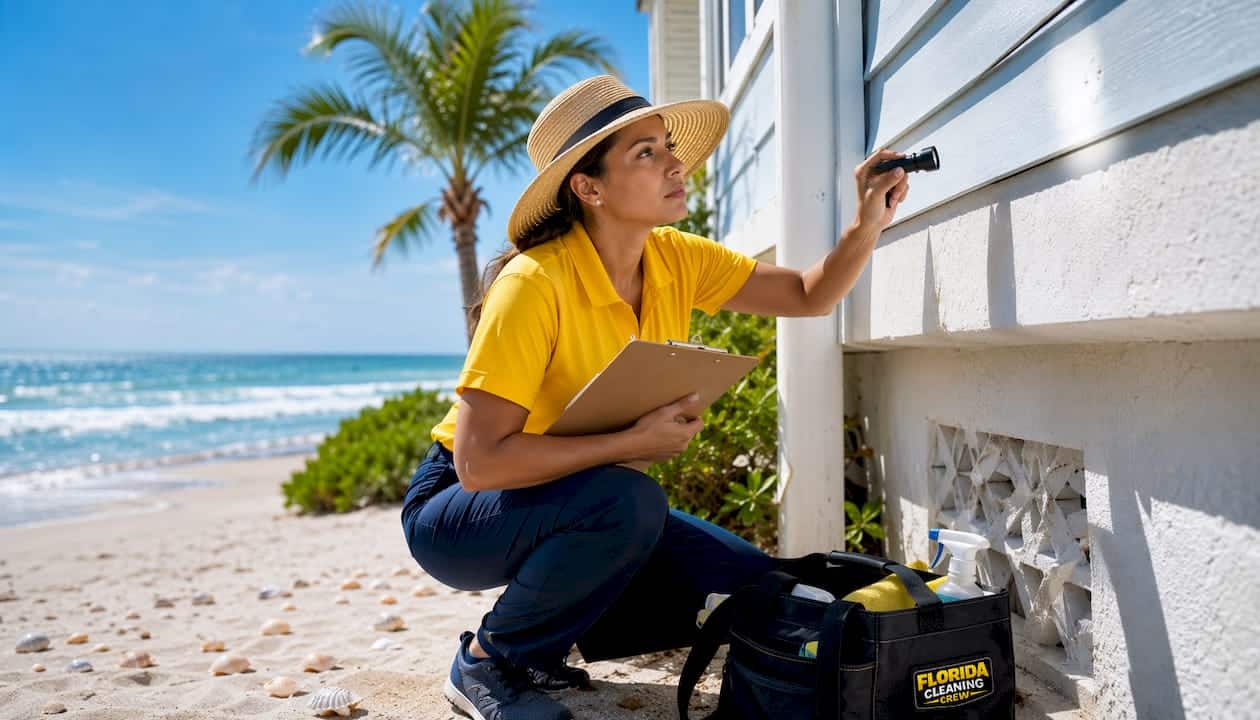 Cleaner inspecting gutters at Florida rental