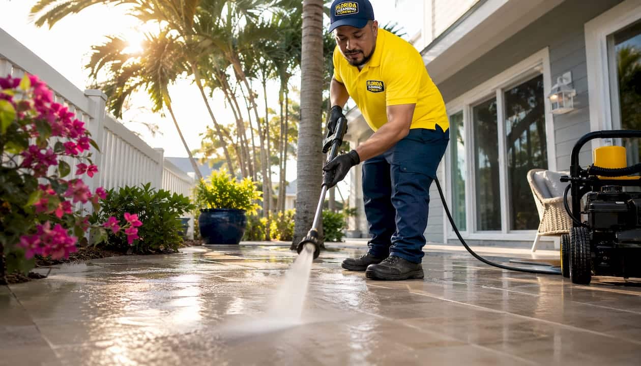 Technician power washing rental patio outdoors
