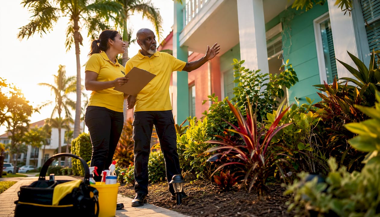 Two cleaners reviewing outdoor rental checklist