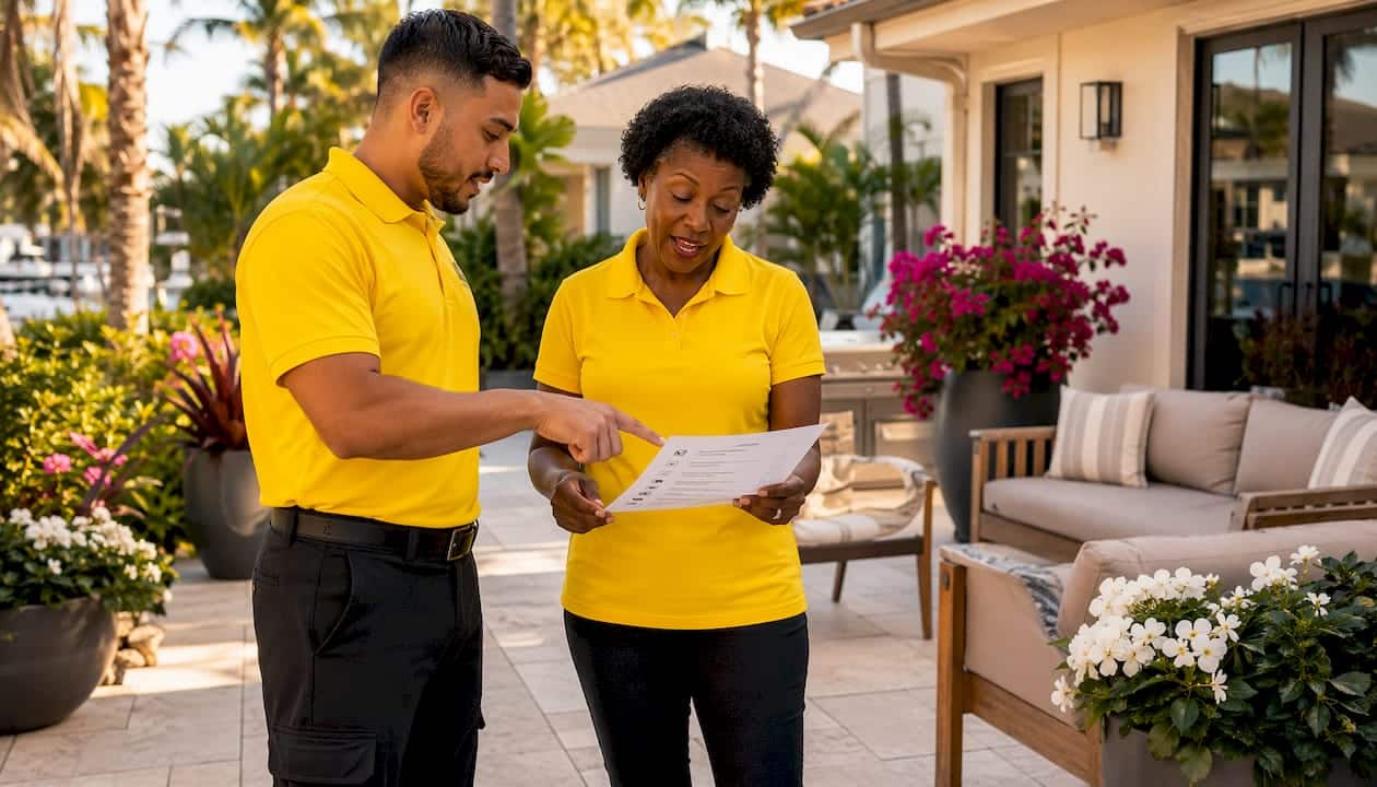 Cleaning staff reviewing seasonal checklist indoors