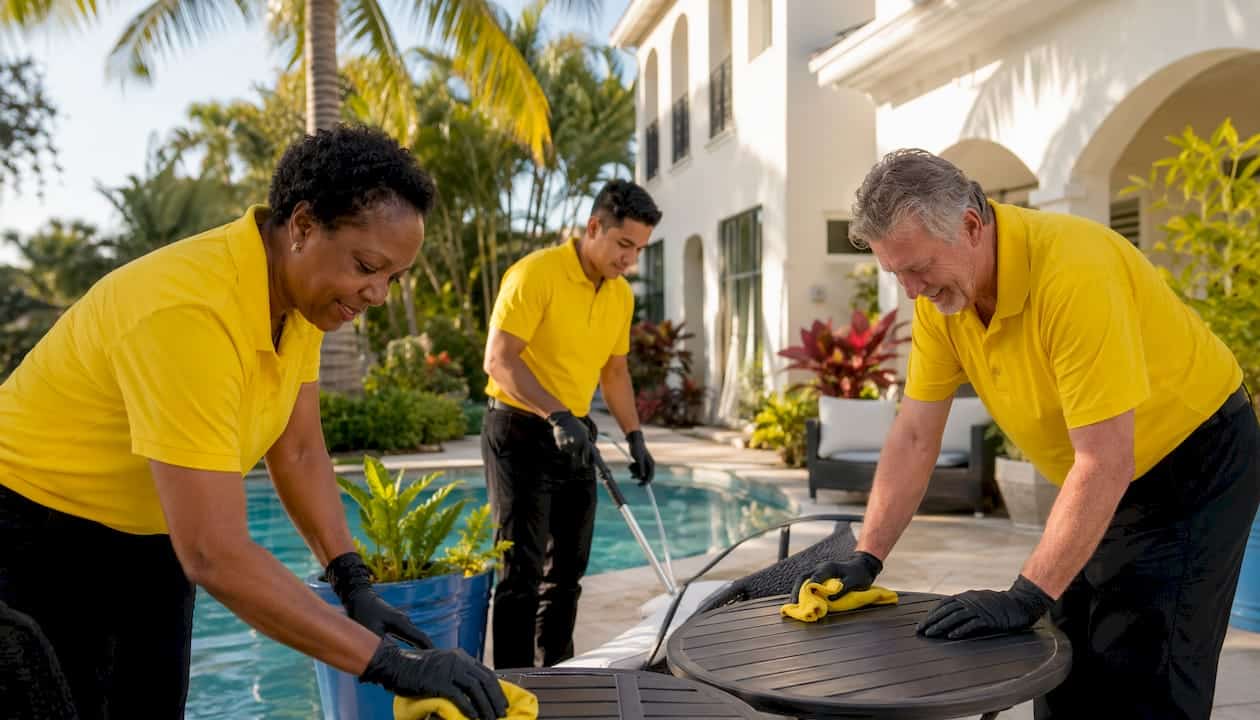 Cleaning team at Florida coastal home exterior