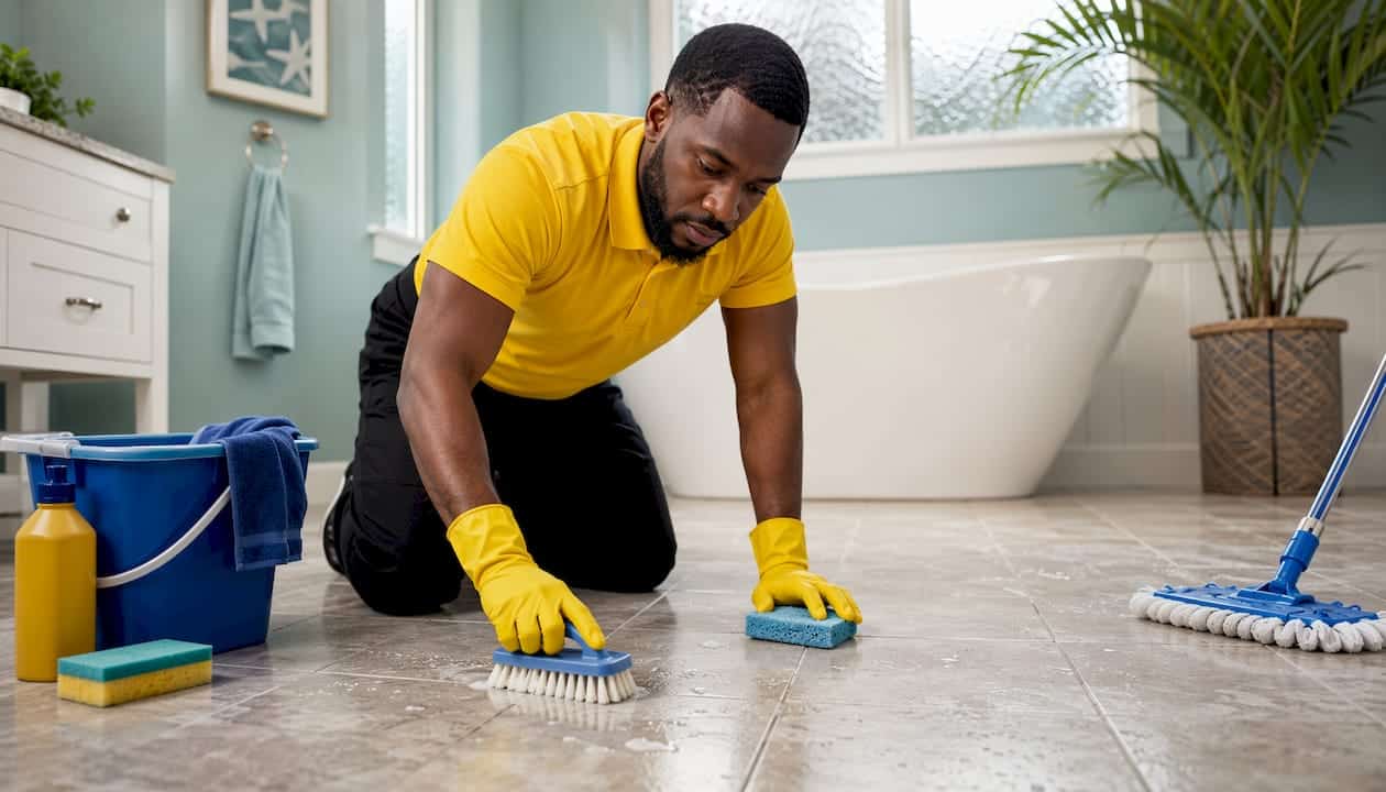 Cleaner wiping kitchen countertop in Florida home