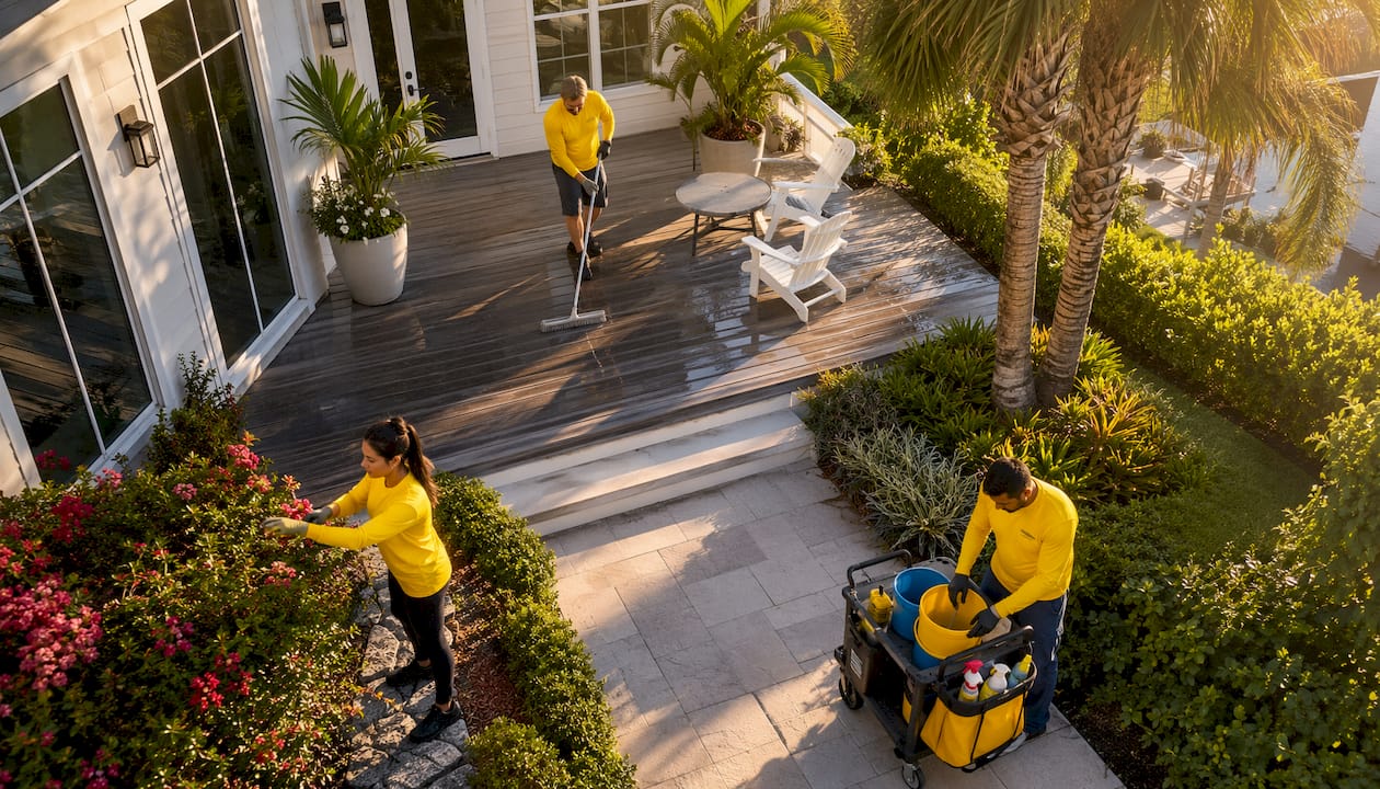 Cleaning crew maintaining yard of Florida home