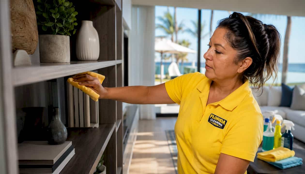 Cleaner dusting interior shelf in Florida rental