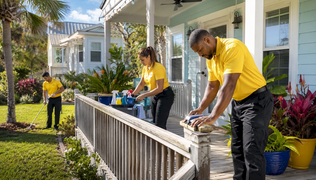 Professional cleaning crew cleaning rental porch in Florida