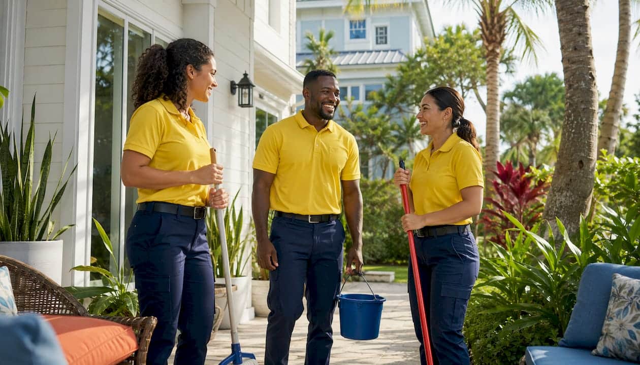 Professional cleaning staff outside Tampa Bay home