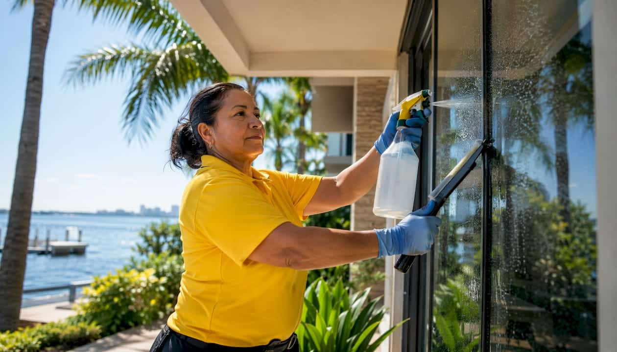 Licensed cleaning crew member cleaning Tampa Bay home windows