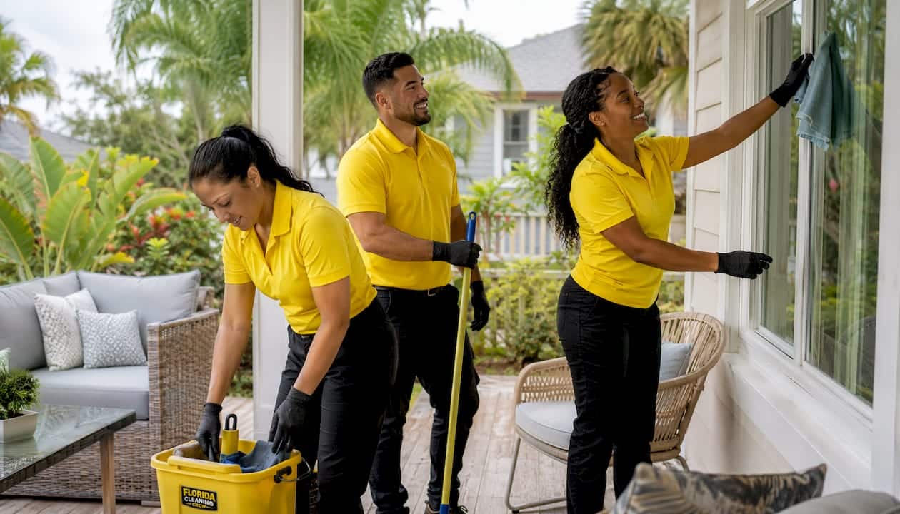 Professional cleaning staff in yellow shirts at Florida coastal home