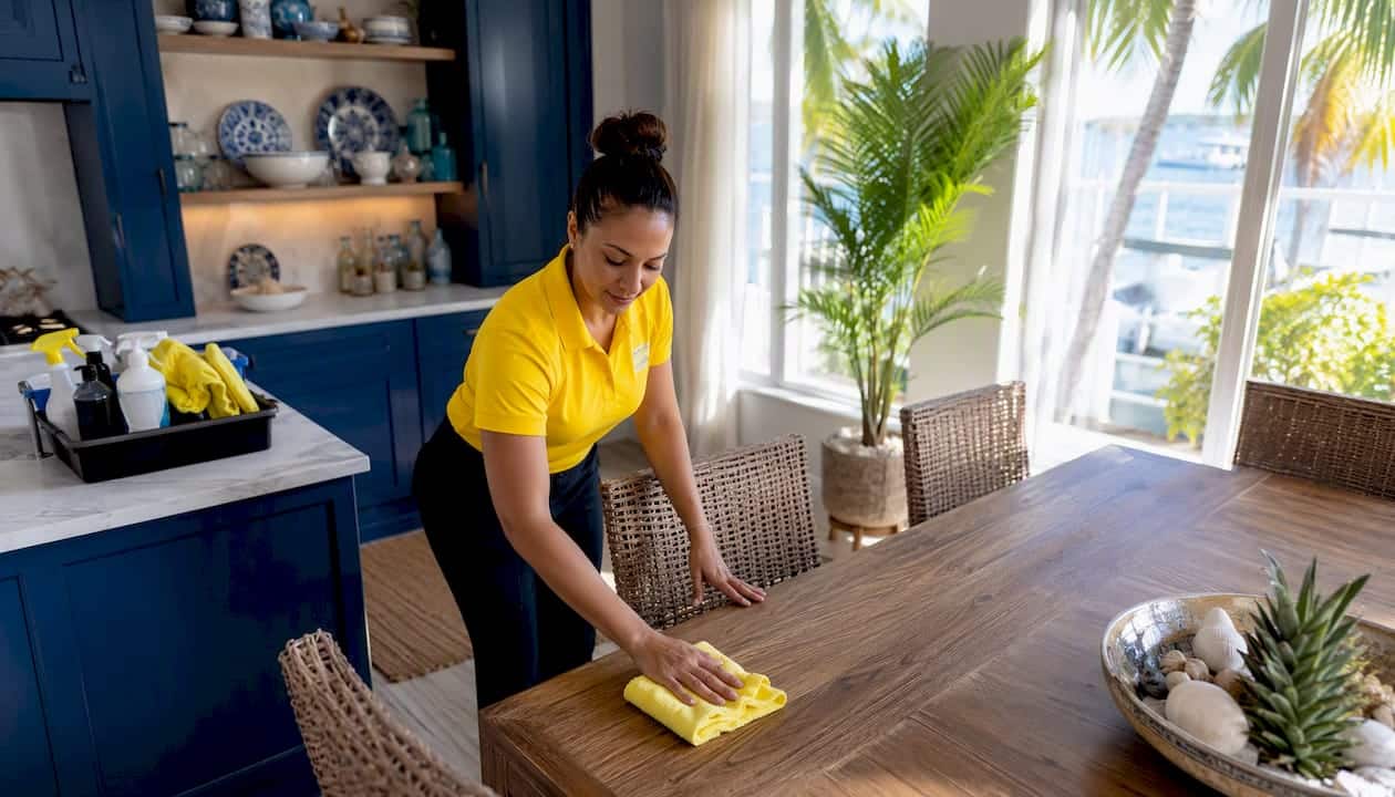 Female cleaner dusting shelf inside Tampa Bay home