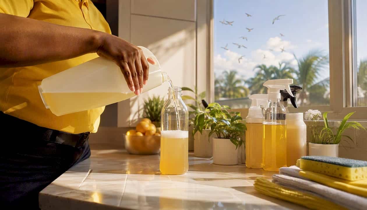 Hands holding eco cleaning supplies near window